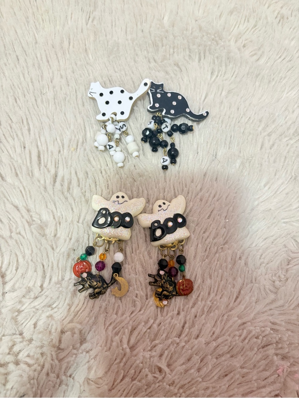 Vintage Halloween Polka Dot Cat Dangle Earrings Letter Beads Boho Retro